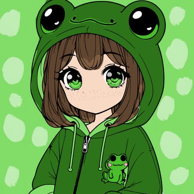 cute realistic girl in a froggy hoodie