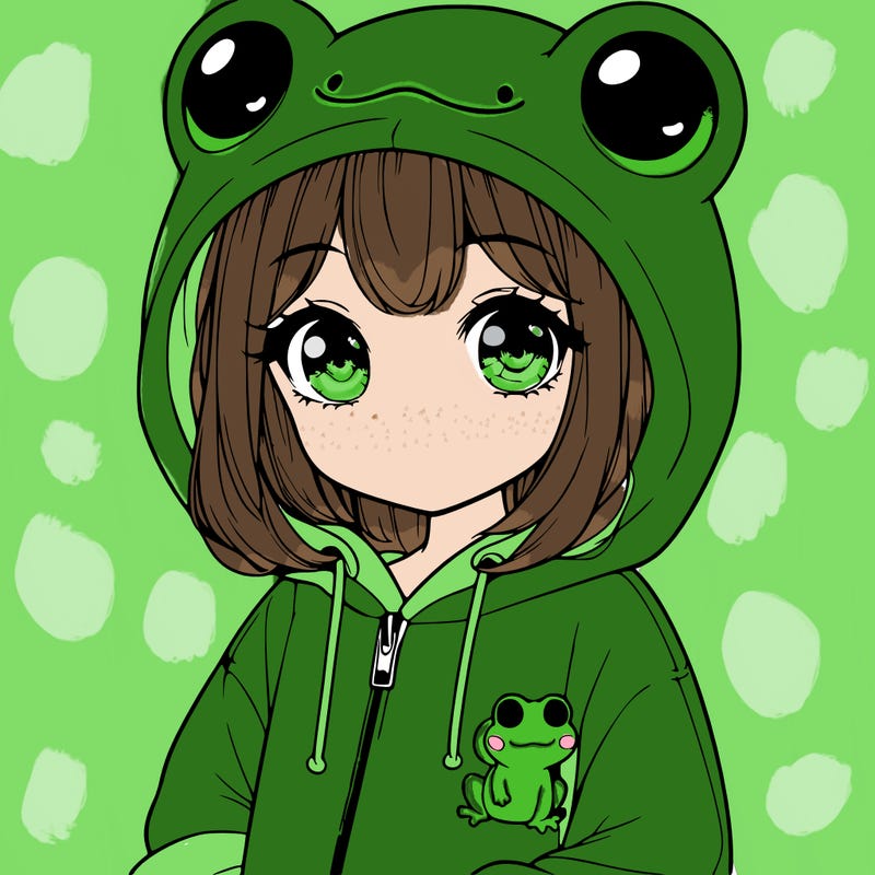 cute realistic girl in a froggy hoodie