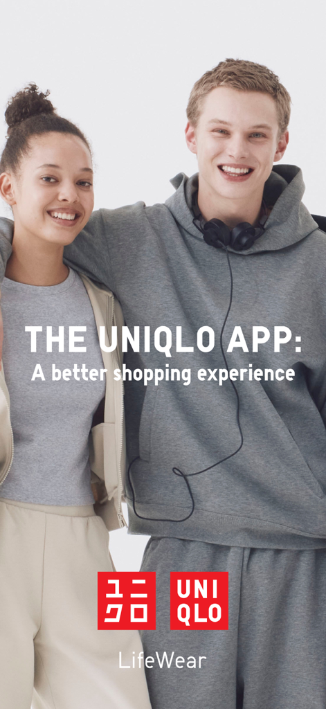 Two smiling young adults wearing casual UNIQLO LifeWear clothes promoting the UNIQLO mobile shopping app