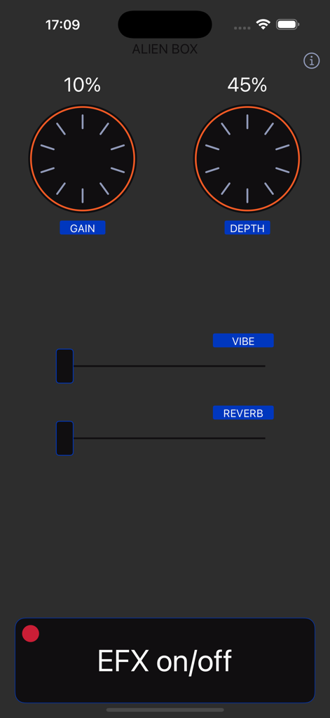 Alien Box - Interfaz del efecto de audio Alien Box mostrando controles para Ganancia, Profundidad, Vibración y Reverberación.