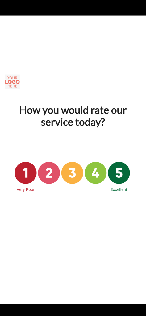 Customer Feedback Survey KIOSK - Digital kiosk screen asking customers to rate service on a one to five scale with color coded numbers