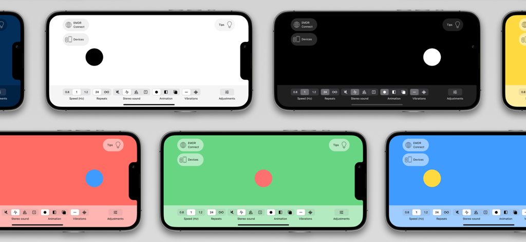 Diversi schermi di smartphone che mostrano temi di colore diversi per la stimolazione bilaterale EMDR.