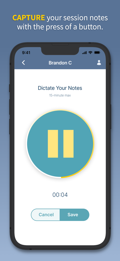 Moments for Therapists - Moments for Therapists app interface showing the session note dictation screen