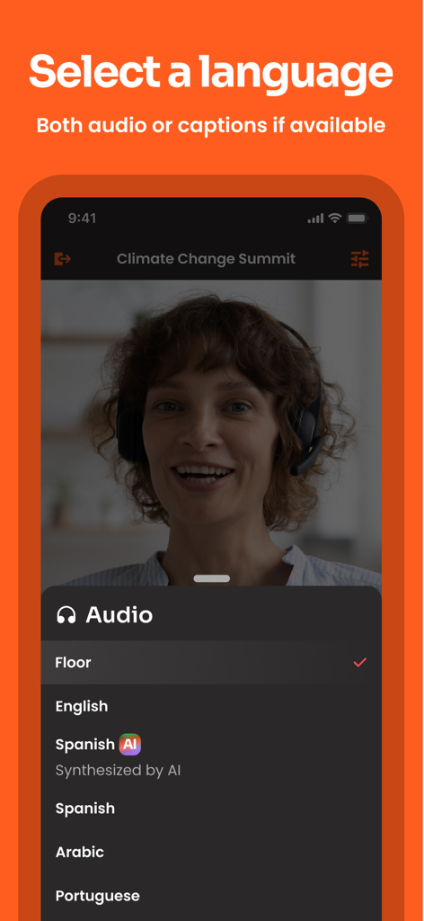 Interprefy - Interprefy App-Oberfläche mit Sprachauswahl für eine Veranstaltung zum Klimawandel mit Optionen für Englisch, Spanisch, Arabisch und Portugiesisch.