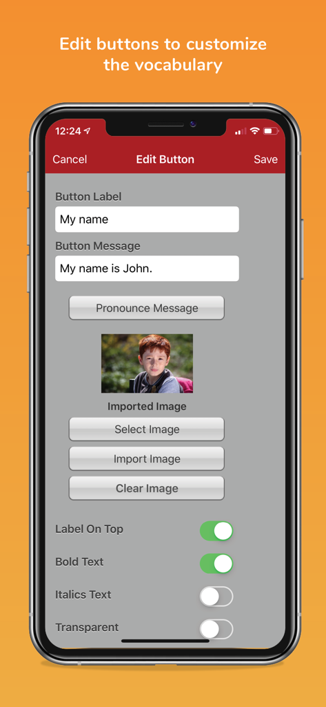 TouchChat HD - AAC - Screenshot of the TouchChat HD AAC app interface for editing and customizing communication buttons with photos and text.