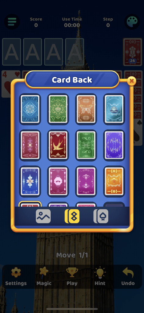 Selection menu showing various colorful and patterned card back designs in the solitaire game.
