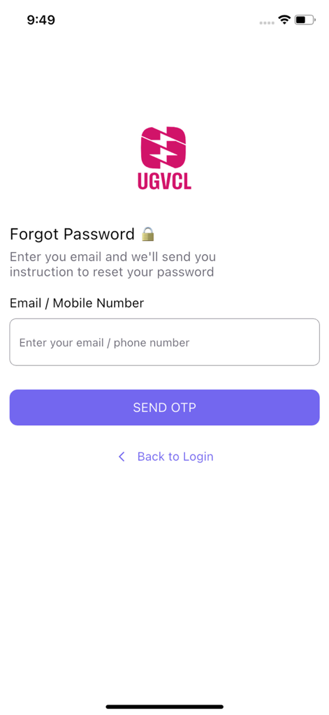UGVCL Consumer App - Forgot password page of the UGVCL Consumer App showing input for email or mobile number and a send otp button