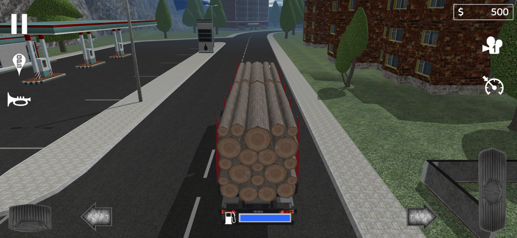 Cargo Transport Simulator - Gameplay of Cargo Transport Simulator showing a truck transporting a load of wood logs through a city environment.