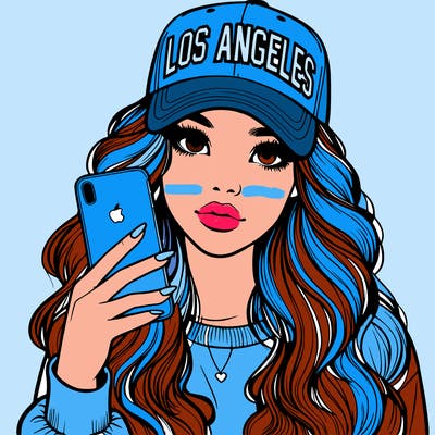 realistic beautiful girl wearing los ángeles cap holding an iphone