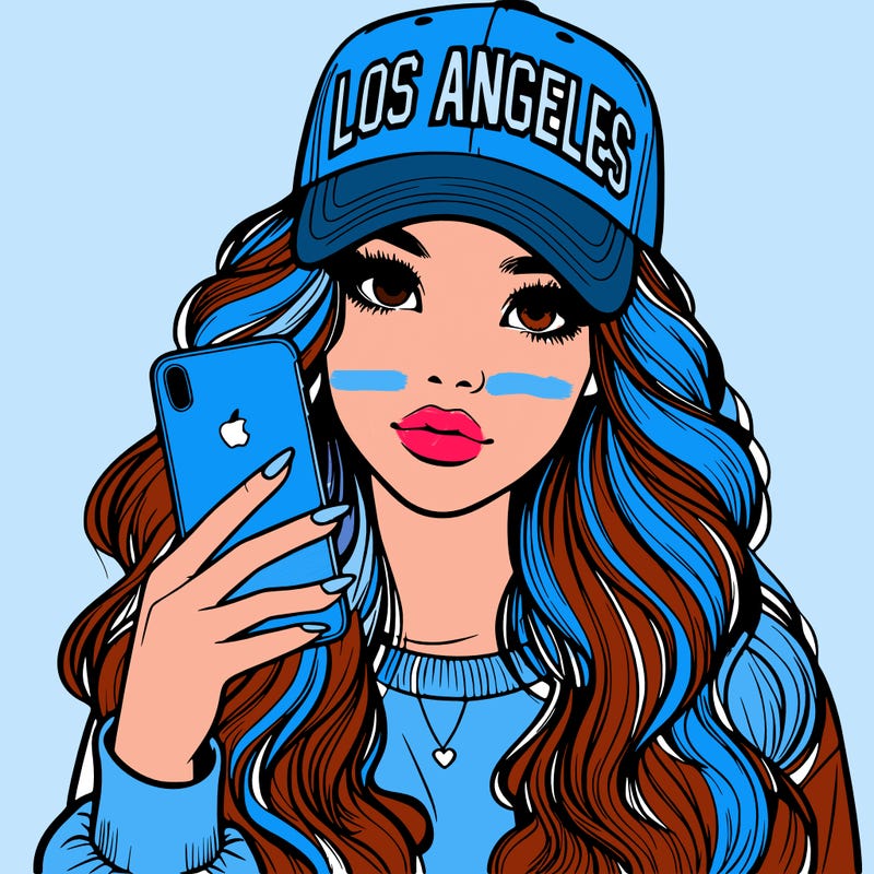 realistic beautiful girl wearing los ángeles cap holding an iphone