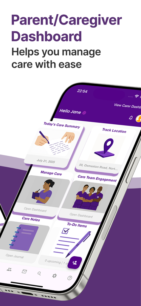 My Virtual Carer - Care App - A screenshot of the My Virtual Carer parent and caregiver dashboard showing features like location tracking, care summary, and task management.