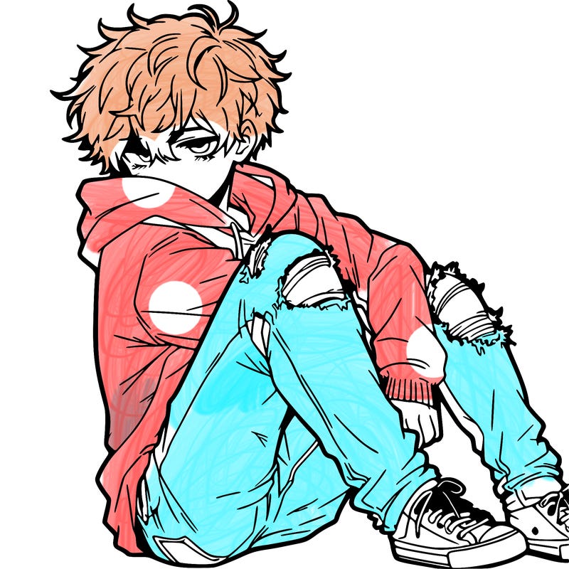 a male hoddie ripped jeans messy hair anime