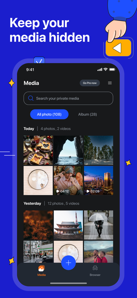 HideU - Caculator Lock - A screenshot of the HideU Calculator Lock app interface displaying a secure media gallery with hidden photos and videos organized by date.