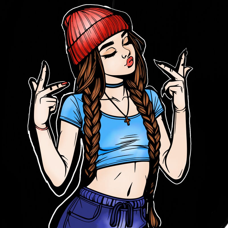 realistic teenage girl with braids and a beanie and crop top doing 🫶🏼