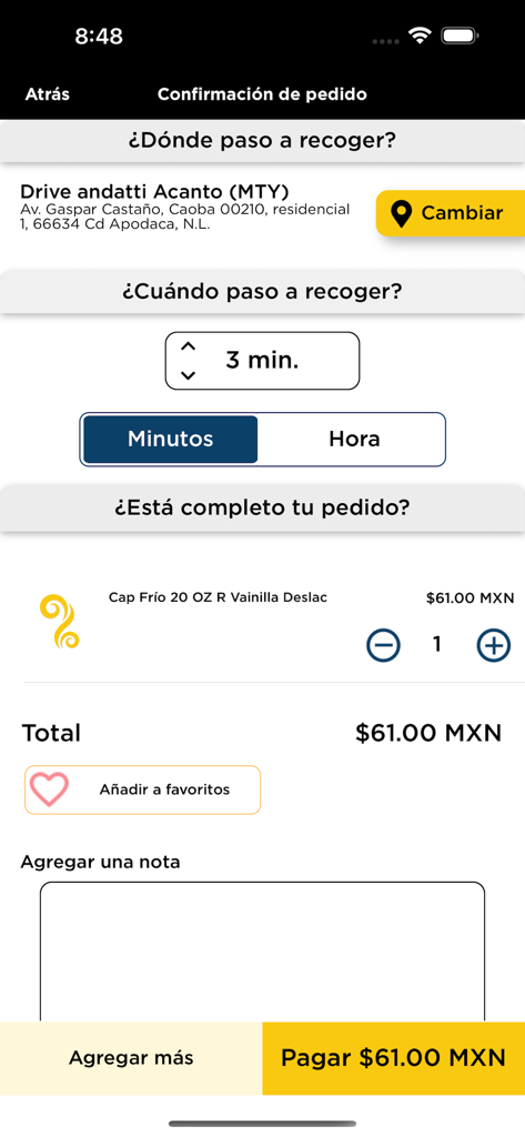 Círculo andatti - Pantalla de confirmación de pedido de la aplicación móvil Círculo andatti para la recolección de café