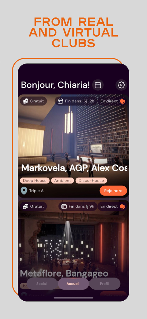 CLVBS - Interface of CLVBS app showing a feed of real and virtual club events with live 3D venues and music artists.