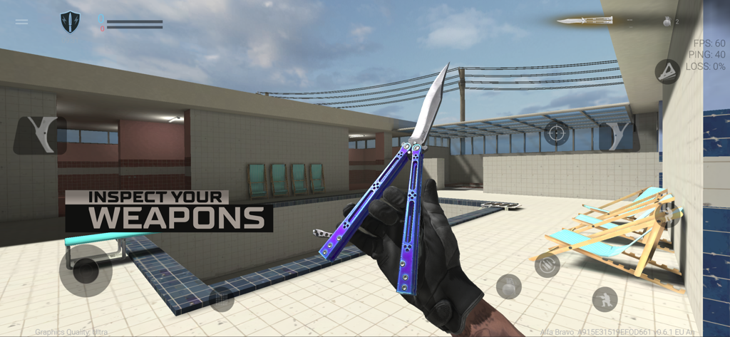 A first person view of a player inspecting a purple and blue butterfly knife in Combat Master Mobile