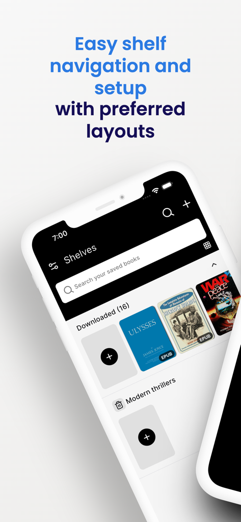 Interfaz de la aplicación móvil Grook que muestra la organización de estantes de eBooks y la navegación con títulos de libros clásicos.