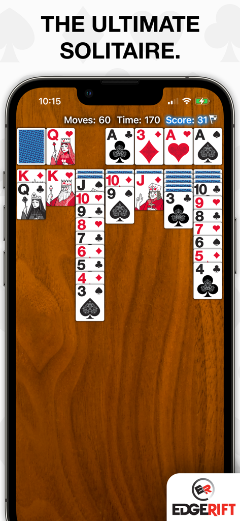 Real Solitaire Pro - Classic Klondike solitaire gameplay on an iPhone with clear cards and a wooden background.
