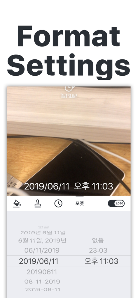 Timestamp Camera - Date Stamp - Interface do aplicativo Câmera de Carimbo de Data/Hora mostrando várias configurações de formato de data e hora para carimbos de fotos