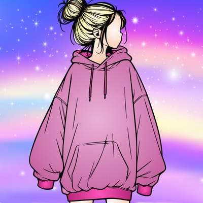 realistic girl with a oversized sweatshirt on and a bun