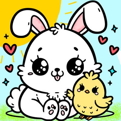 cute bunny with a small chick friend