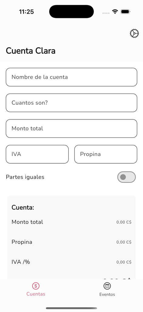 Interface mobile de l'application Cuenta Clara pour le calcul des dépenses partagées avec des champs pour le montant total, la taxe et le pourboire.