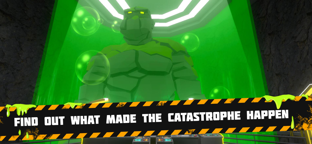 Bunker: Zombie Survival Games - A large green mutated creature inside a glowing containment tank in an underground laboratory bunker.