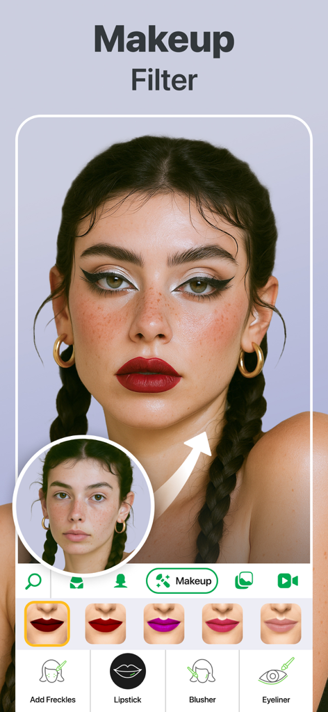 Retouch Me: Face, Body Editor - プロのデジタルメイクアップフィルター変換の前後の女性のポートレート