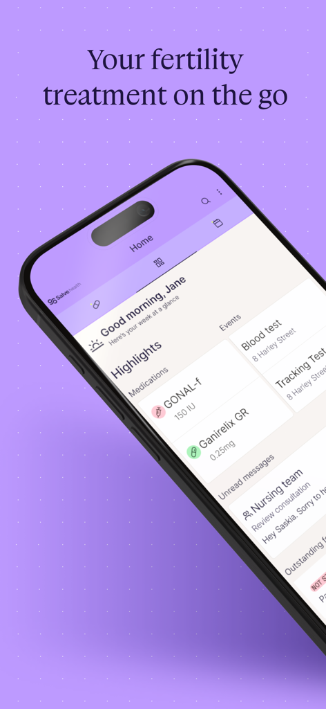 Salve - Smartphone screen showing the Salve app dashboard with fertility medication reminders and clinic appointment details