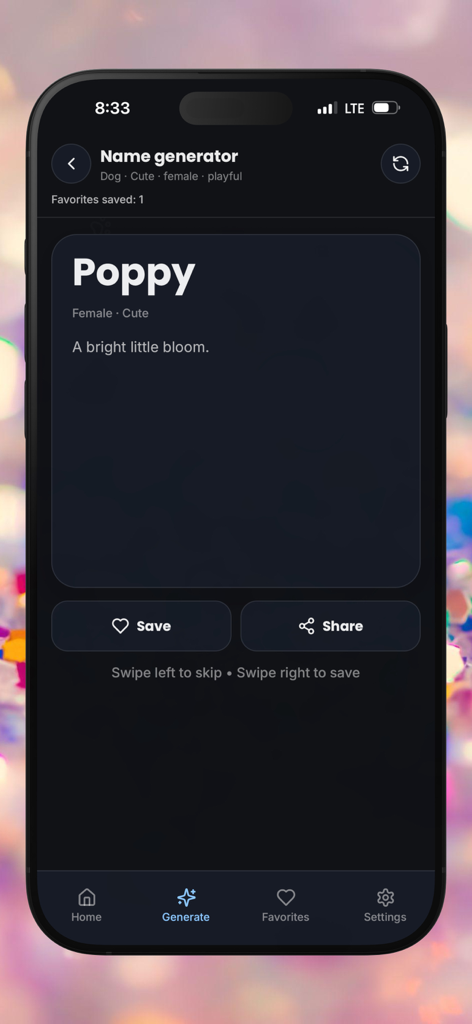 Pantalla del generador de nombres de mascotas mostrando el nombre Poppy para una perra