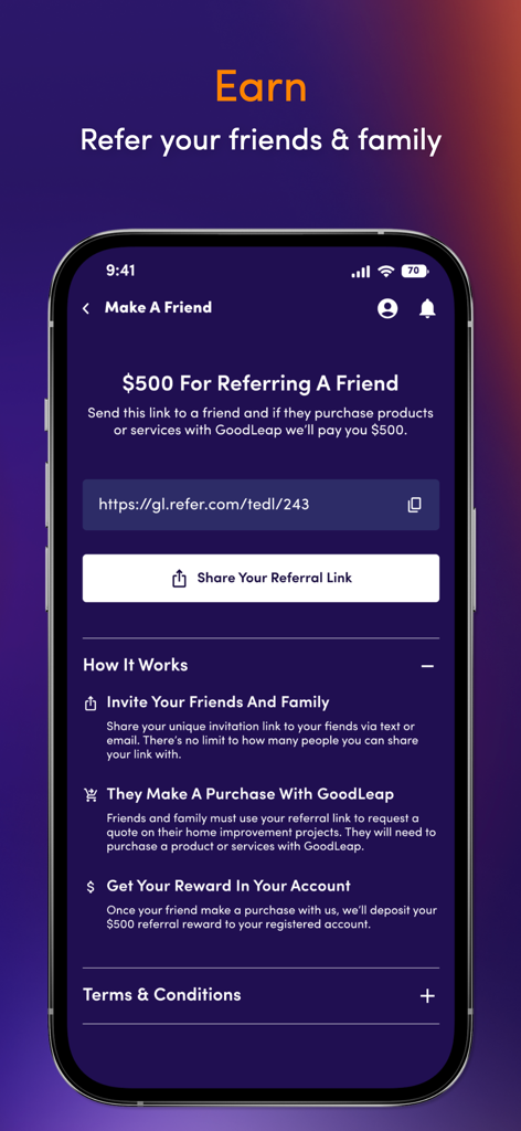 GoodLeap Home app referral page offering 500 dollar rewards for inviting friends and family