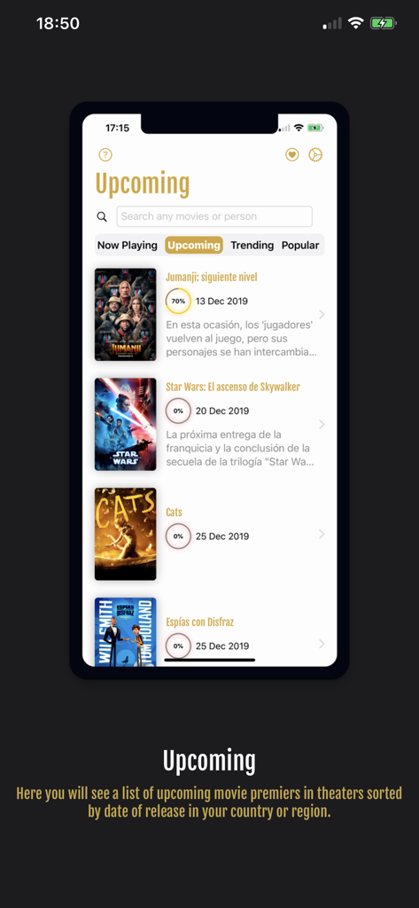Movie Premieres - Interface de l'application Avant-premières de films montrant une liste des sorties de films à venir avec des affiches et des dates