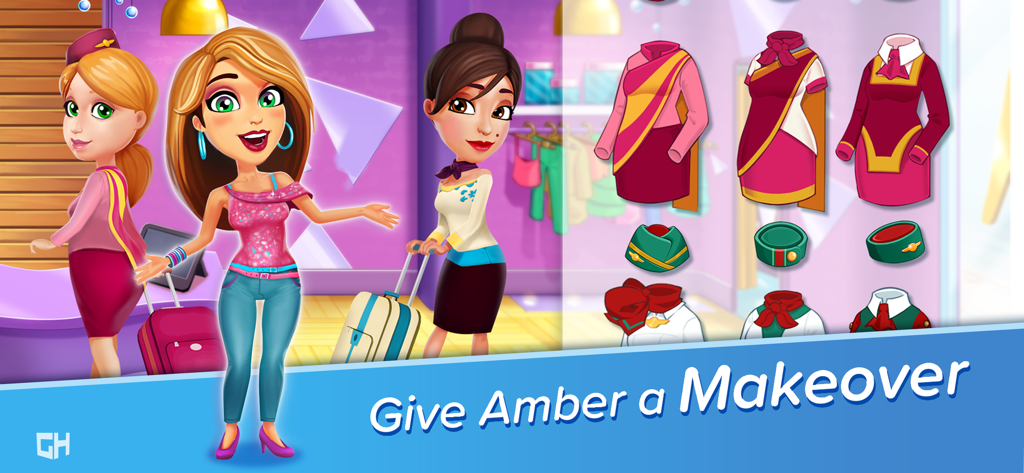 Amber and her crew choosing between different flight attendant uniforms in a makeover screen