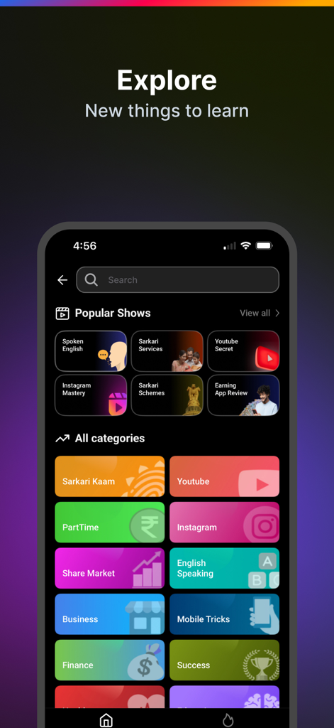 Interface of Seekho app showing various learning categories and popular shows