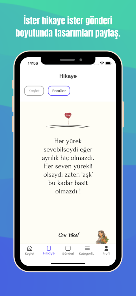 Aşk ve Sevgi Sözleri - Interfaz de la aplicación Citas de Amor Turcas mostrando un diseño de publicación de historia.