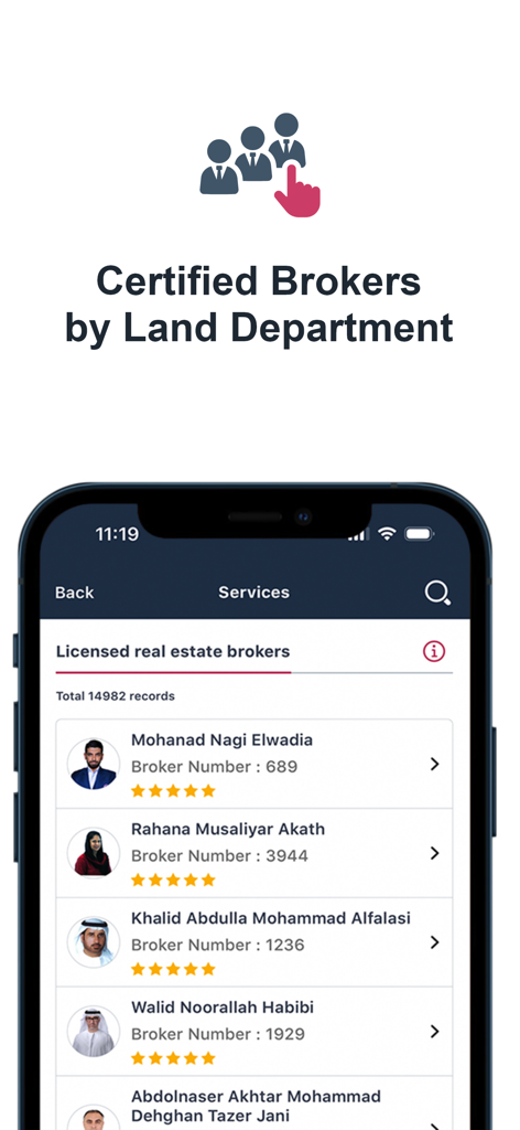 Interface of the Dubai REST app showing a directory of licensed real estate brokers with their license numbers and star ratings.