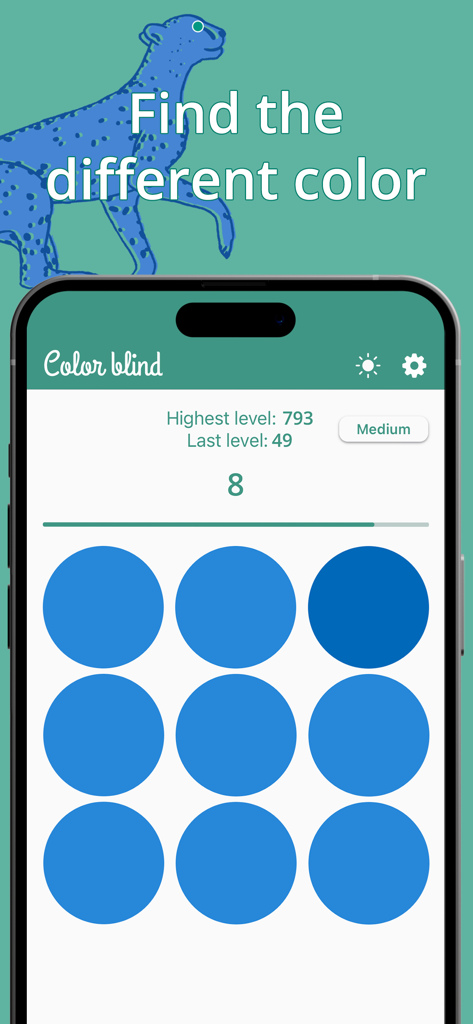 Color blind - Color game - Écran du jeu Color blind affichant une grille 3x3 de cercles bleus dont un cercle est d'une teinte différente