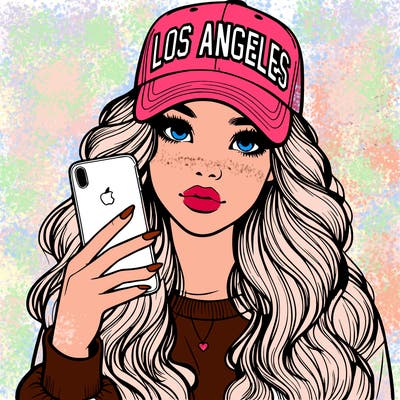 realistic beautiful girl wearing los ángeles cap holding an iphone