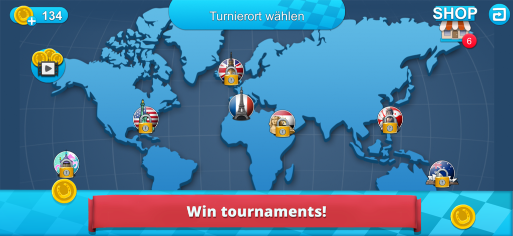 A world map in the Horse World Show Jumping app showing various international tournament locations like Paris and New York