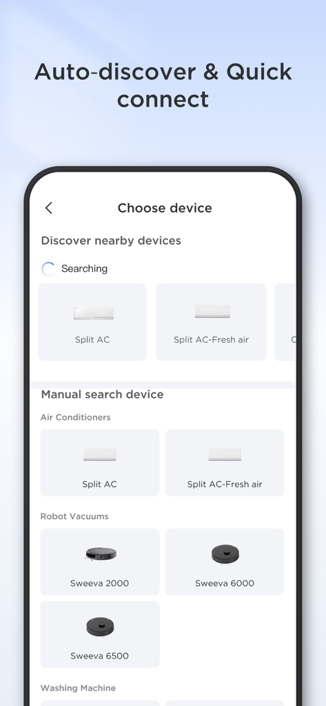 TCL Home app interface for discovering and connecting smart devices like AC units and robot vacuums