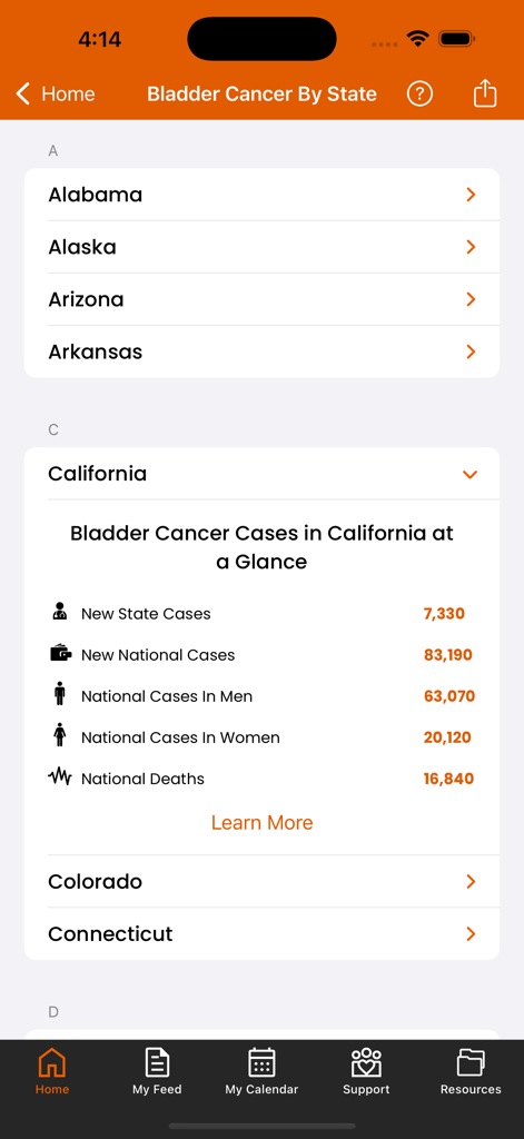 BCAN Bladder Cancer App - BCAN Bladder Cancer App screen displaying bladder cancer statistics for the state of California