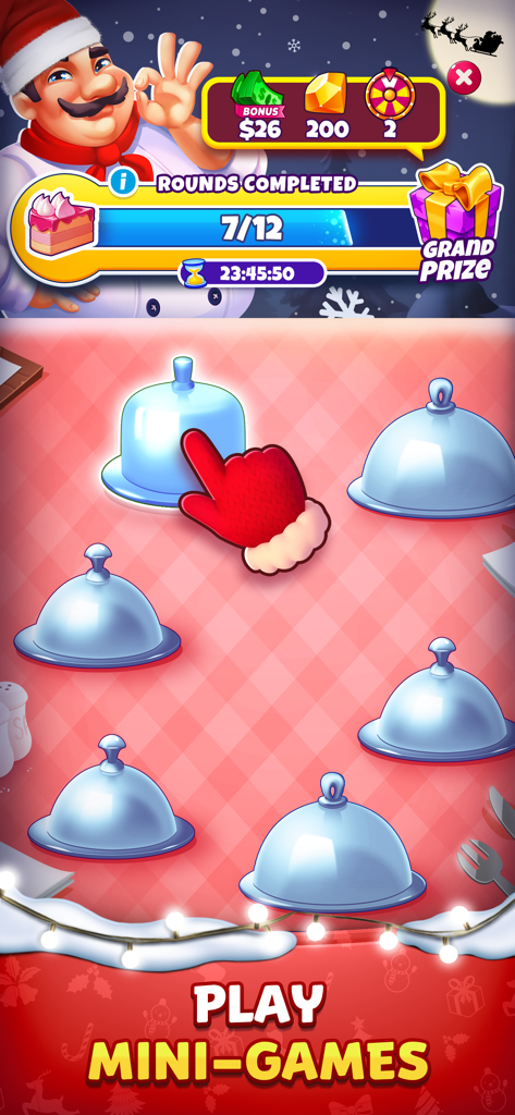 A chef character presenting a culinary themed mini game with hidden rewards under silver cloches