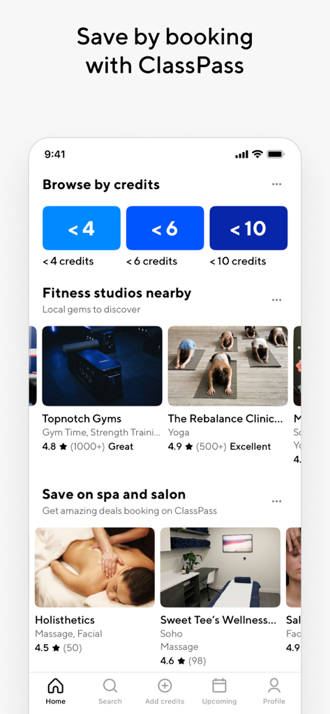 ClassPass: Fitness, Spa, Salon - ClassPass app home screen featuring credit-based browsing and local fitness and wellness studio listings.