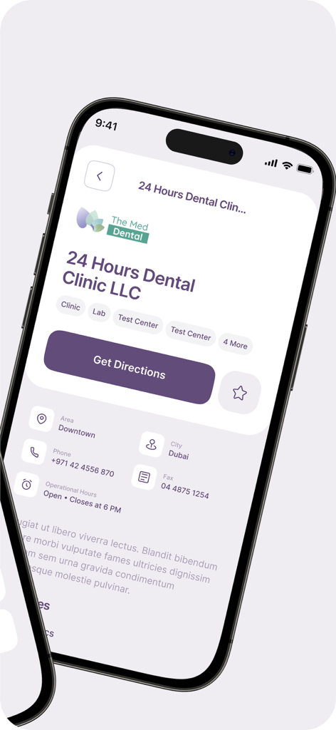 Almadallah app screen showing contact details and directions for a dental clinic in Dubai