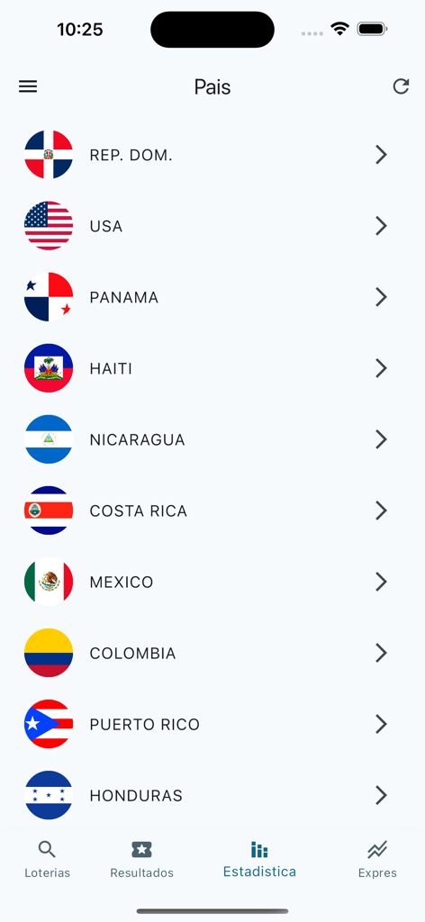 Loto Latina Resultados Loteria - Lista de países que incluyen República Dominicana, EE. UU., Panamá y México en la pantalla de selección de países de la aplicación Loto Latina