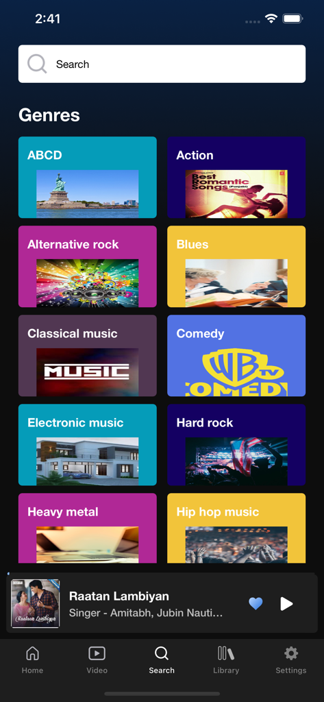 Melodify Music and Podcasts - Search screen of the Melodify app displaying various music genre categories like rock, blues, and hip hop