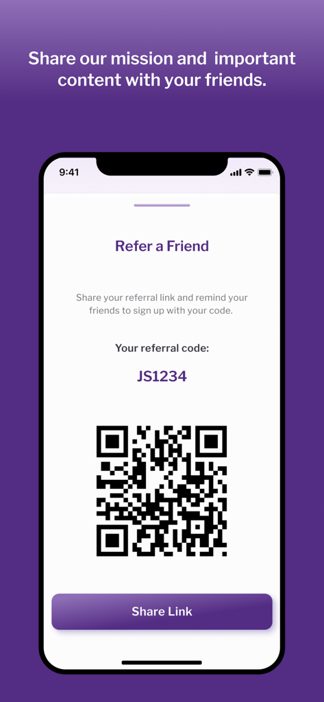 SEIU Healthcare - Refer a Friend screen in the SEIU Healthcare app showing a QR code and referral link