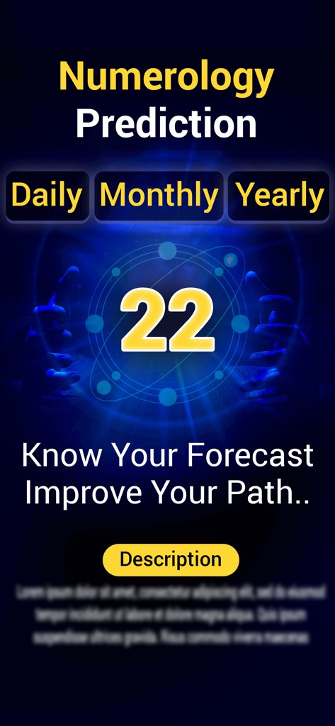 Numerology - Numbers & You - Interfaz de la aplicación Numerología que muestra opciones de predicciones diarias, mensuales y anuales con un número brillante 22.