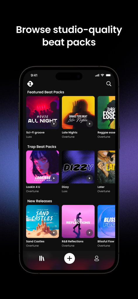 Browse studio quality beat packs in the Overtune app interface